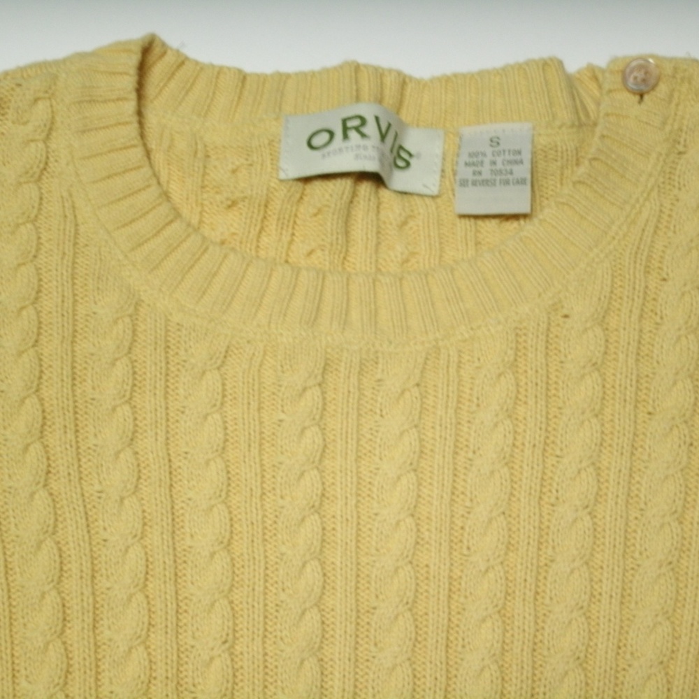 Orvis Womens Sweater Yellow Cable Knit Small Cotton